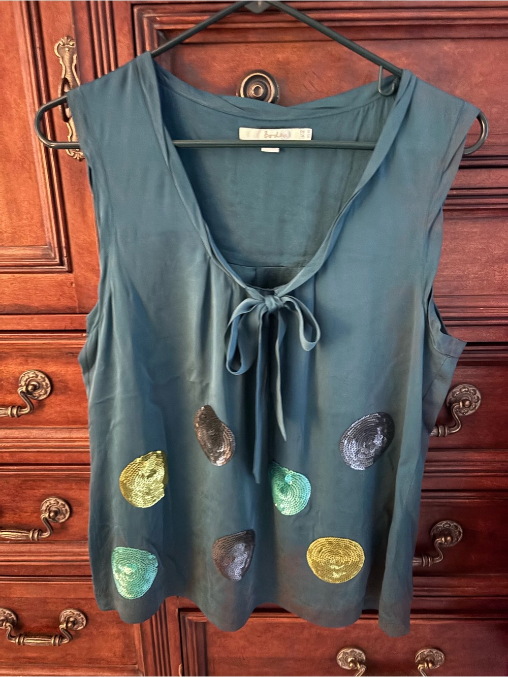 Boden Teal Silk Sleeveless Tie-Neck Top with Multicolor Sequin Dots